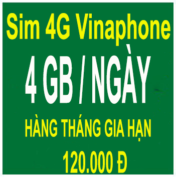 Sim Vinaphone 4G khuyến mãi 4GB/Ngày, hàng tháng gia hạn 120.000đ